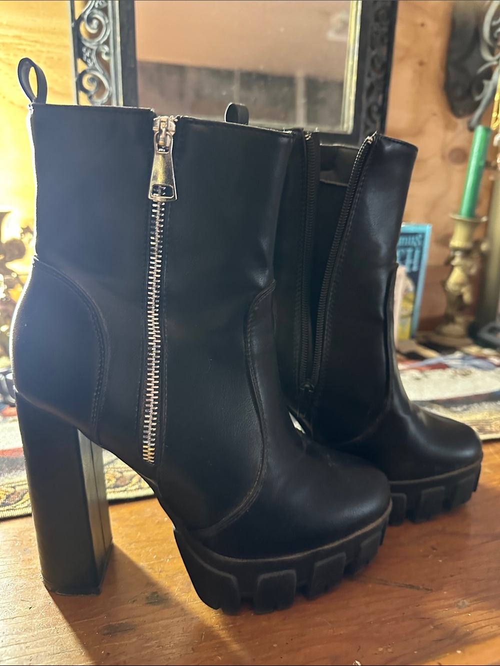 Ardene Black Zipper Platform Chunky Heel Ankle Boots